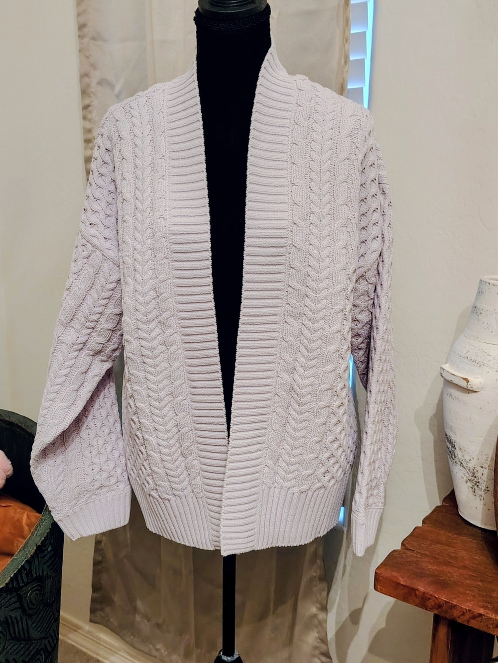 dip Lavender Cable Knit Open Front Cardigan